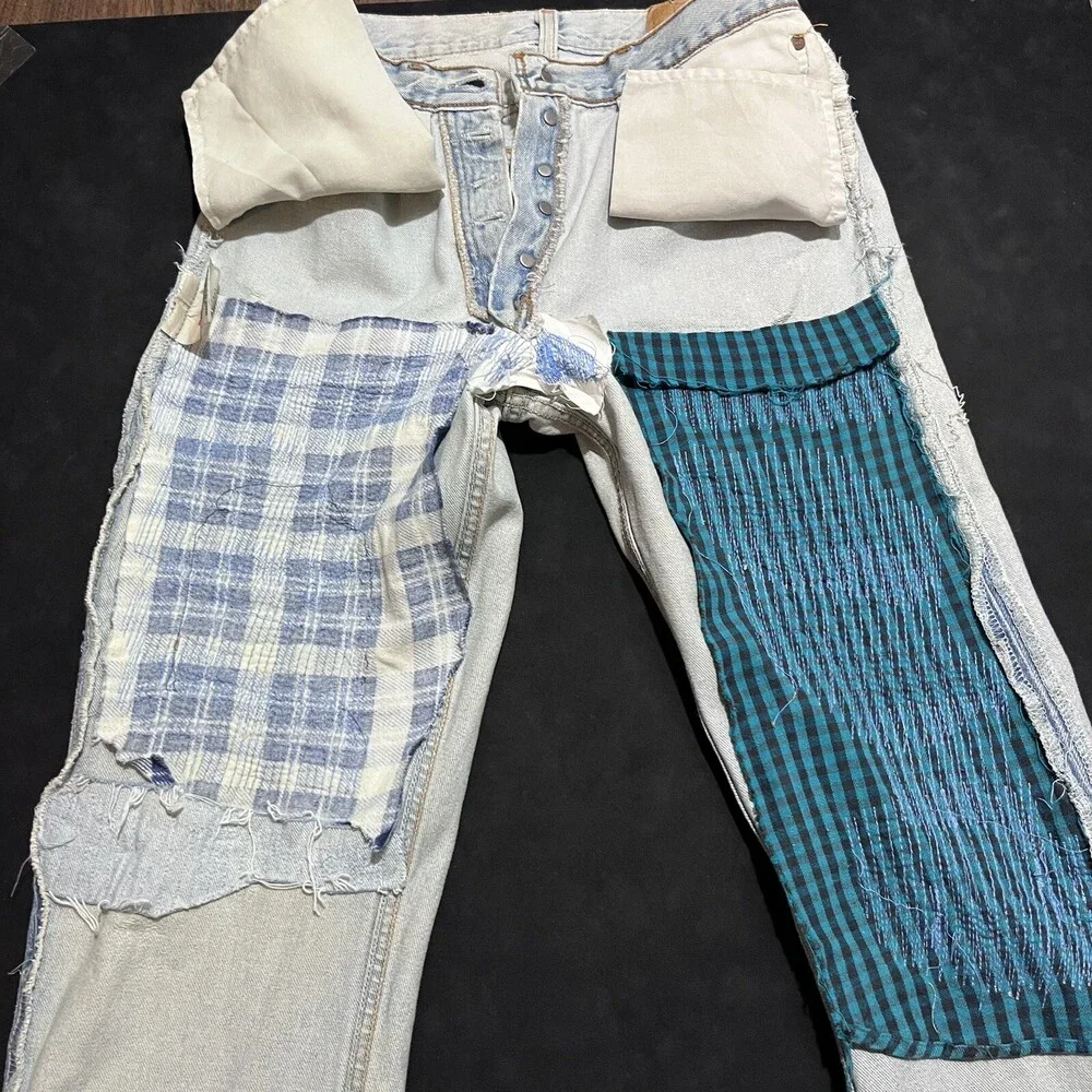 Levis 501 Jeans Sashiko Flannel Double Knee Thrash Vintage Levi USA 1990s 30x30